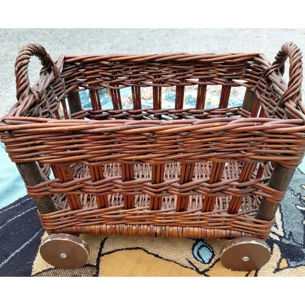 Vtg Wicker Roller Toy Basket Natural Rattan Reed Wood Wheels 19
